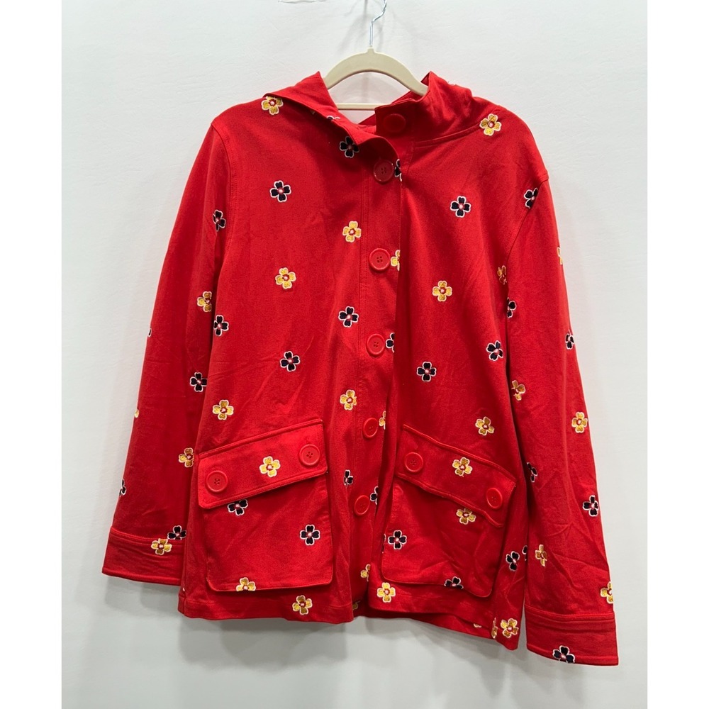 ModCloth Hit The Trails Jacket Womens M Red‎ Flower Embroidered Hooded Button
